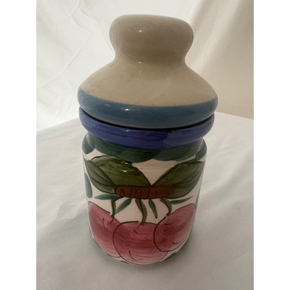 Hand Painted Ceramic Cherry Butter Bell Crock French Butter Dish Blue Trim